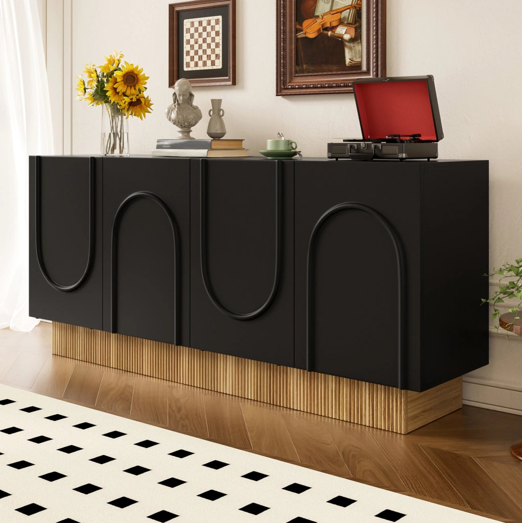 Credenza 160x38x75 cm con 4 ante e ampio spazio contenitivo in truciolare nero e naturale