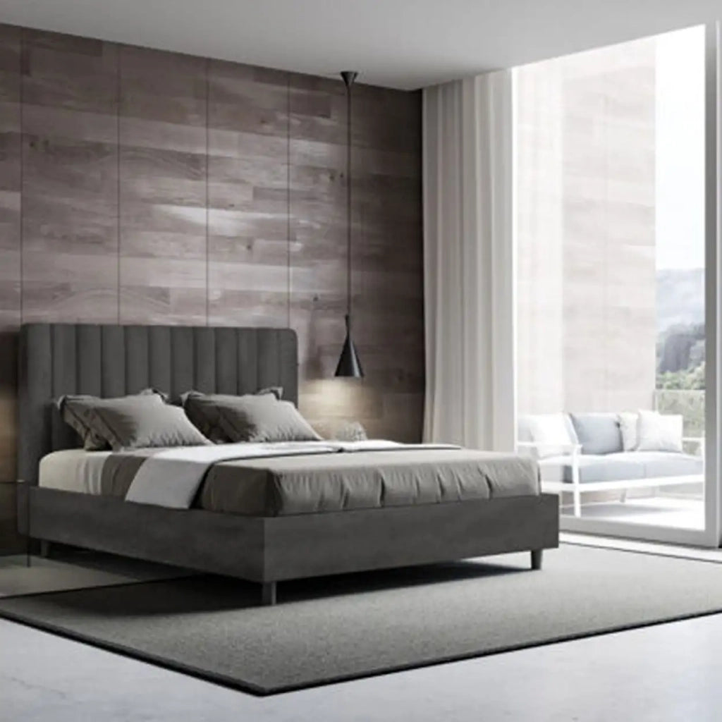 Letto matrimoniale con rete imbottito 160x210 microfibra grigio Agueda