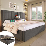 Letto imbottito-Xylo-140x190cm doppio porta-bicchiere USB idraulico lino grigio senza materasso