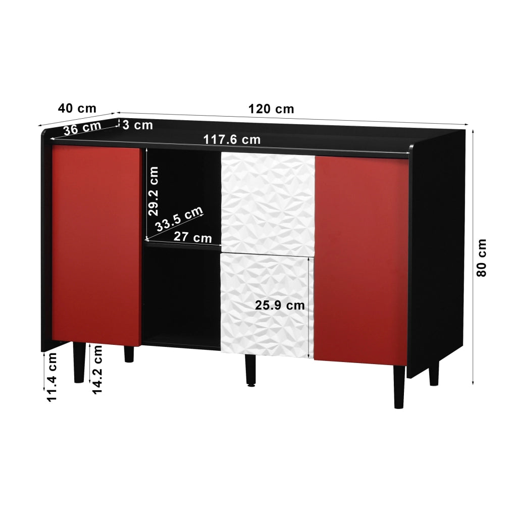 Credenza buffet con 2 cassetti e vano aperto 120x40x80 cm in MDF nero e rosso