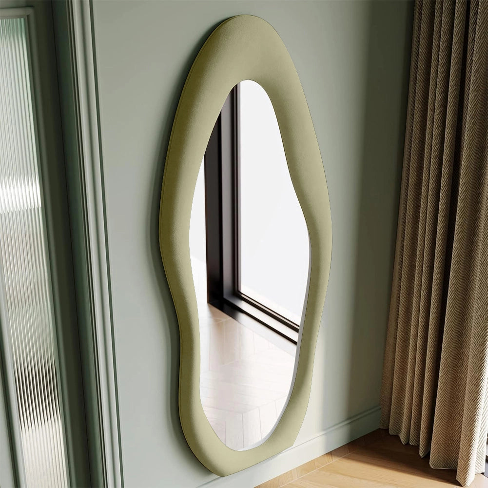 Specchio a Figura Intera 60x160 cm con Cornice Ondulata Rivestimento in Velluto Verde