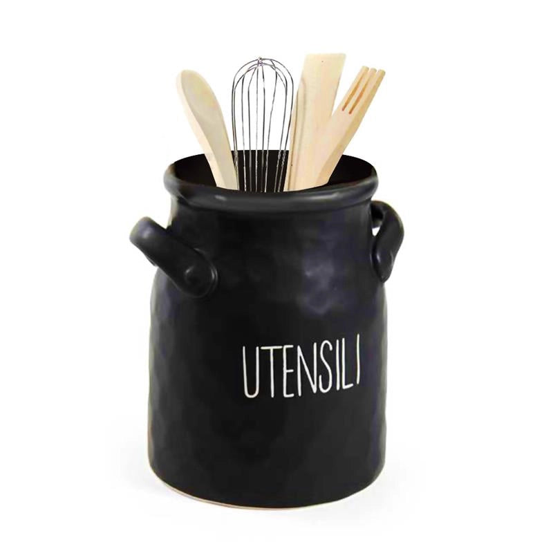 PORTA UTENSILI, POSATE MODELLO ONDULATO MATTE NERO CON SCRITTA "UTENSILI" MINIMALISTA 16 X 17 CM
