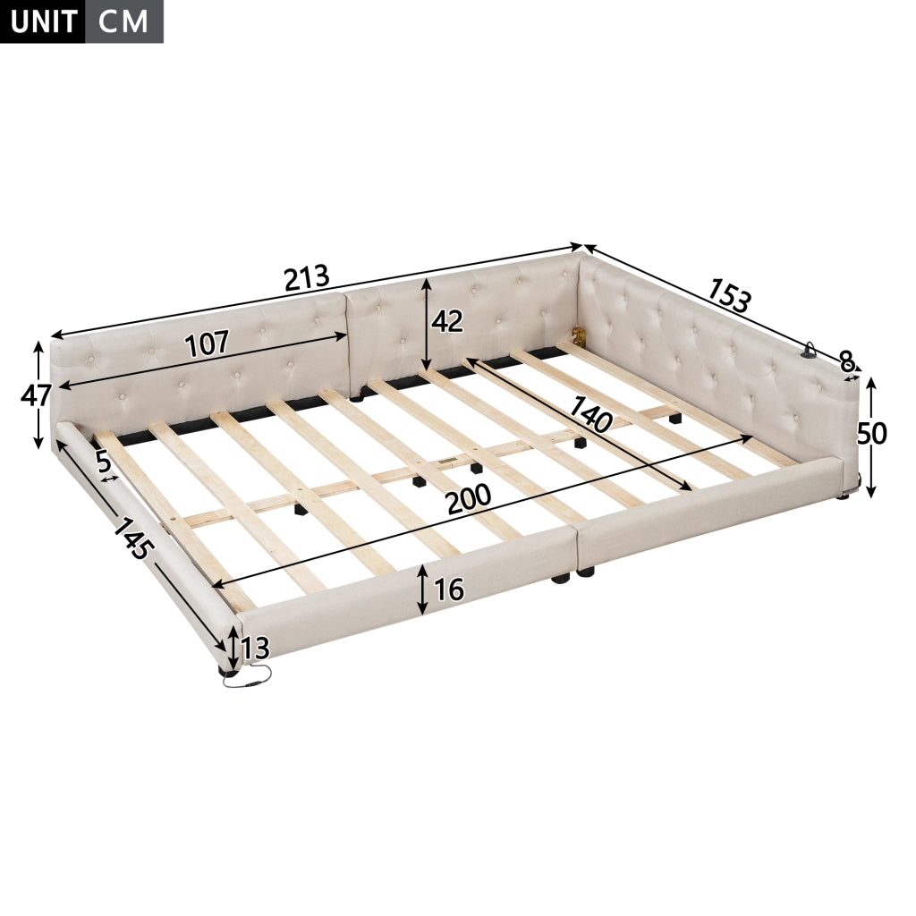 LETTO Daybed 140x200 cm in lino beige con USB Type-C e LED