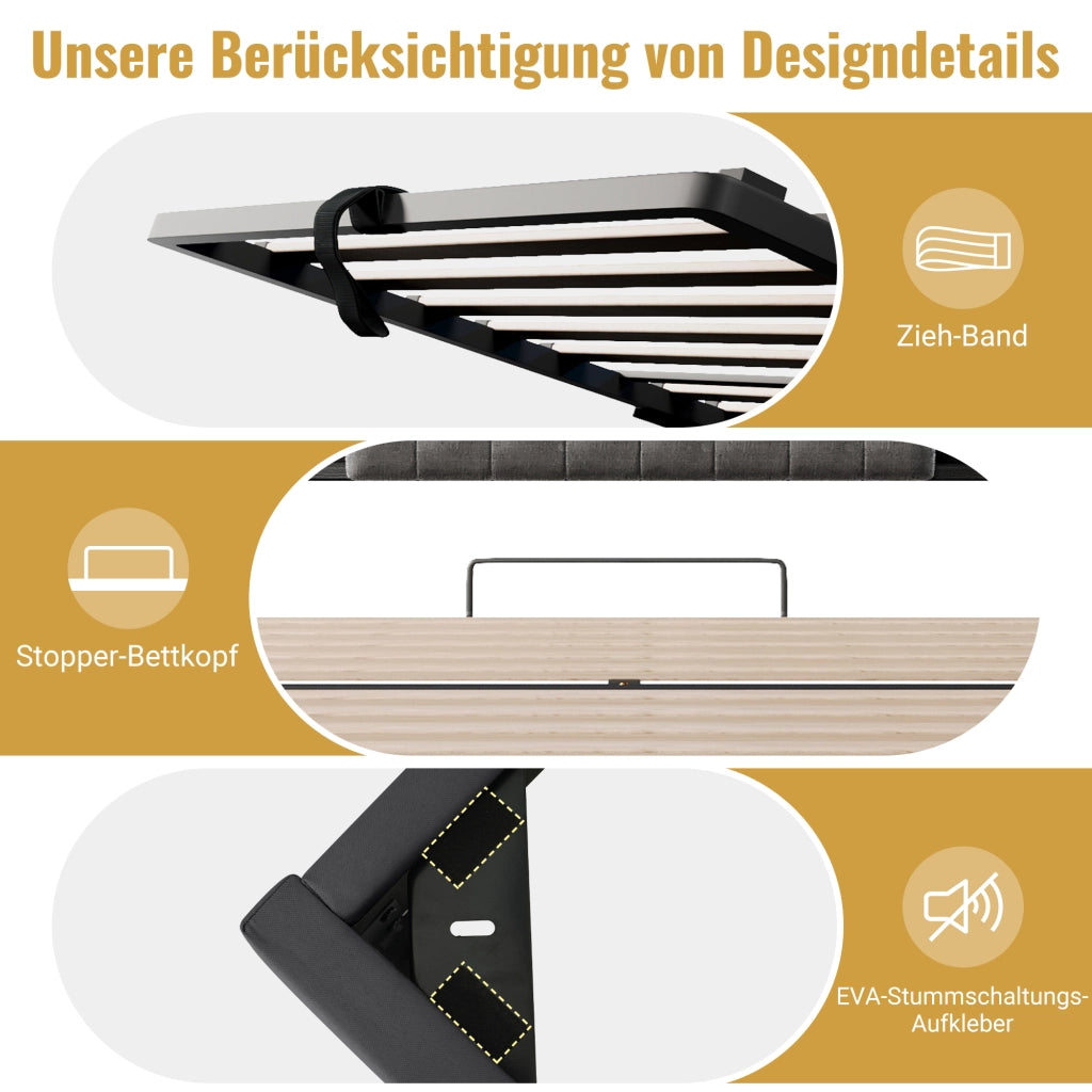 LETTO 90x200 cm con LED, contenitore, lino grigio e noce