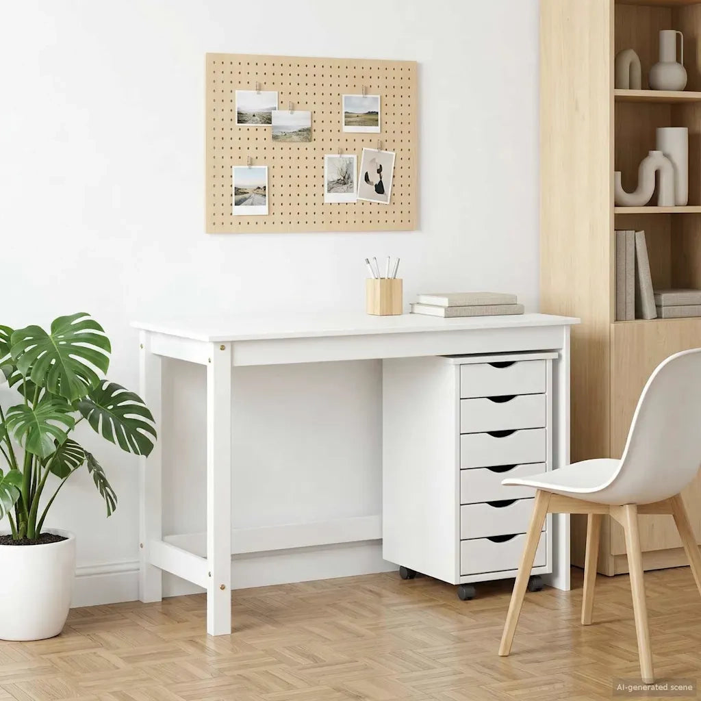 Set Scrivania | Tavolo da Ufficio e mobiletto su ruote MOSS 2 pz Bianco