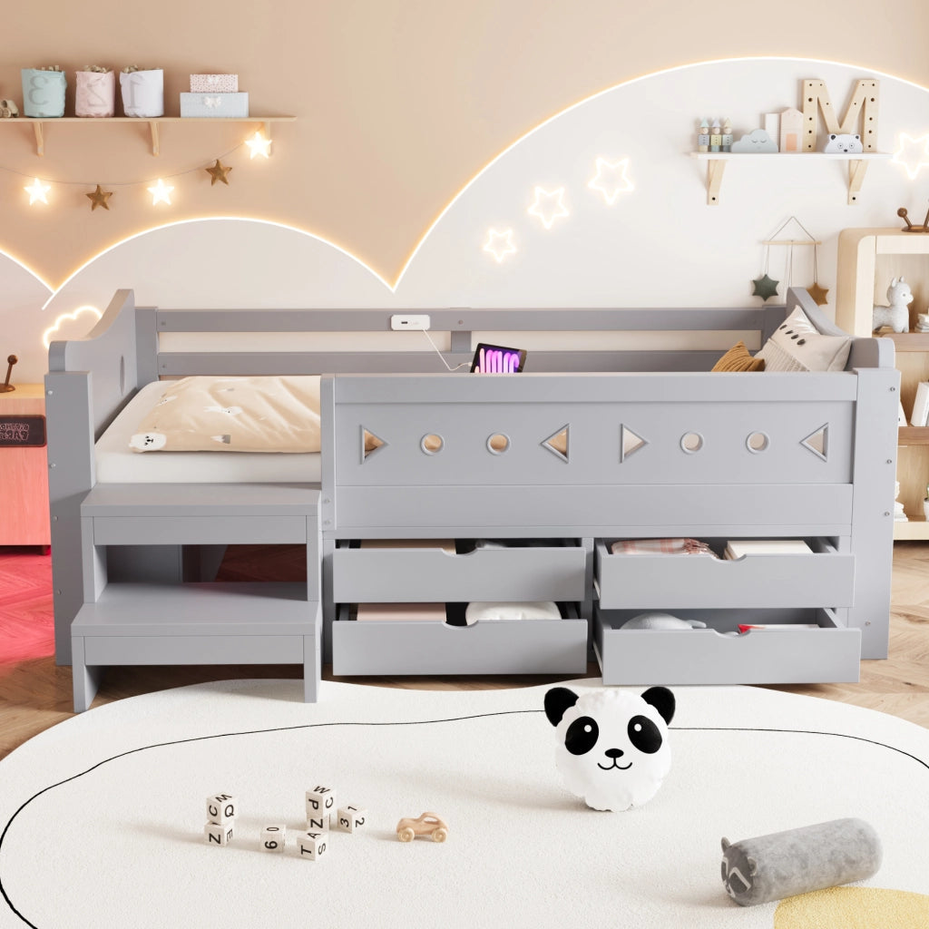 Letto singolo per bambini 90x200 cm con cassetti; testiera portaoggetti; sponda; LED; USB e USB-C; legno grigio