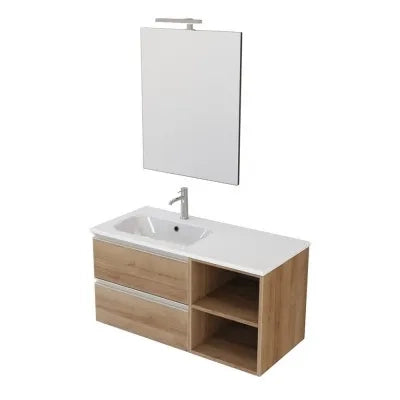Mobile bagno sospeso 100 cm rovere miele con cassetti e vani a giorno completo di lavabo a sinistra e specchio Master