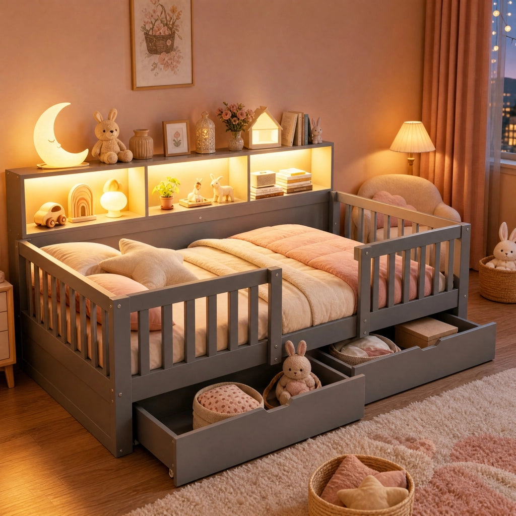 Letto per bambini 90x200 cm con sponda di sicurezza; 2 cassetti; mensole e LED; grigio