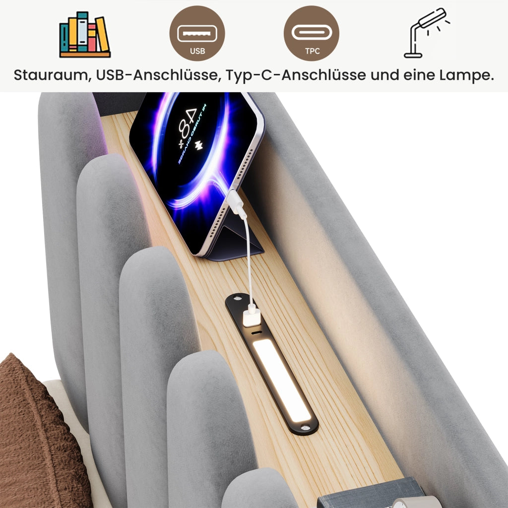 LETTO Contenitore 90x200 cm in velluto grigio con rete a doghe, USB e luce