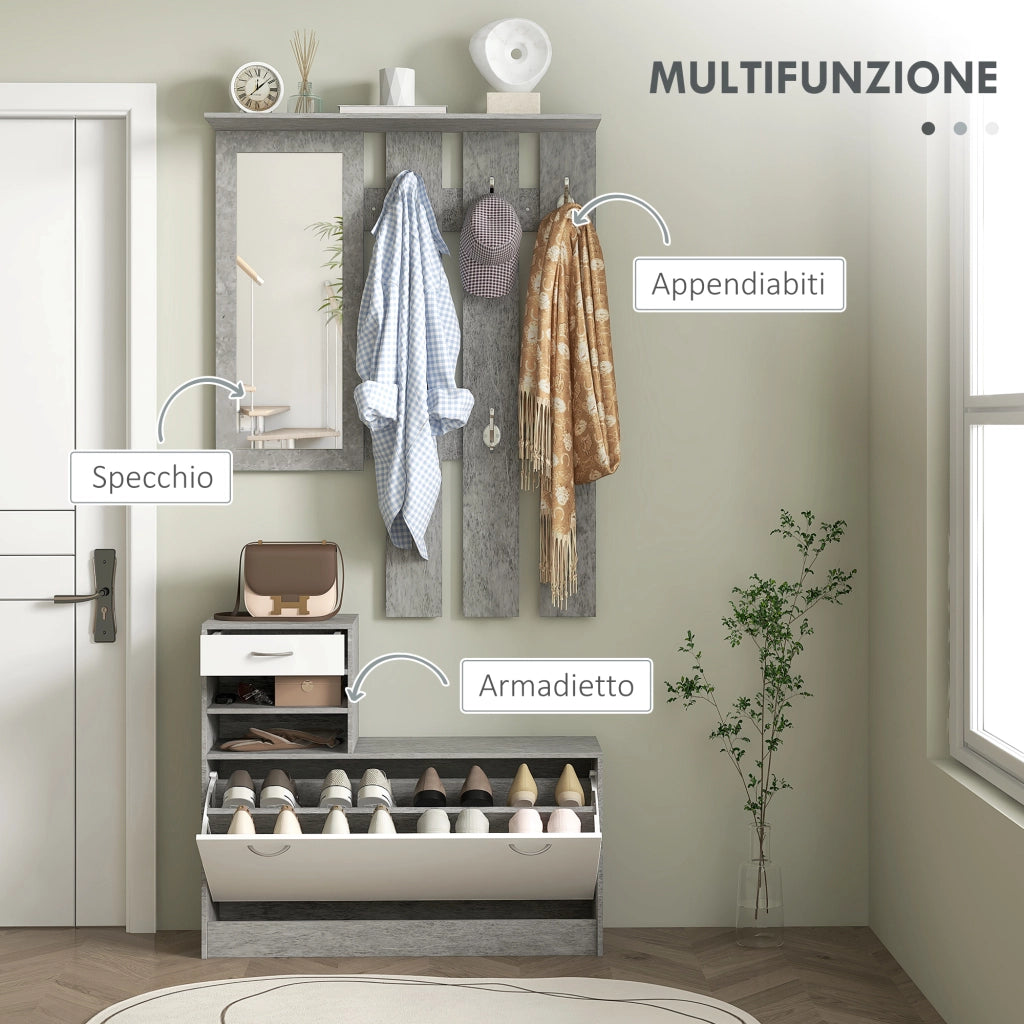 Mobile da Ingresso con Appendiabiti, Scarpiera, Cassetto e Specchio ¨C Xylo ¨C Grigio