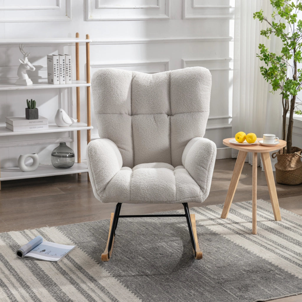 OKWISH Sedia a Dondolo con Schienale Alto Ergonomico e Braccioli Imbottiti, Struttura in Metallo e Legno, Teddy Bianco