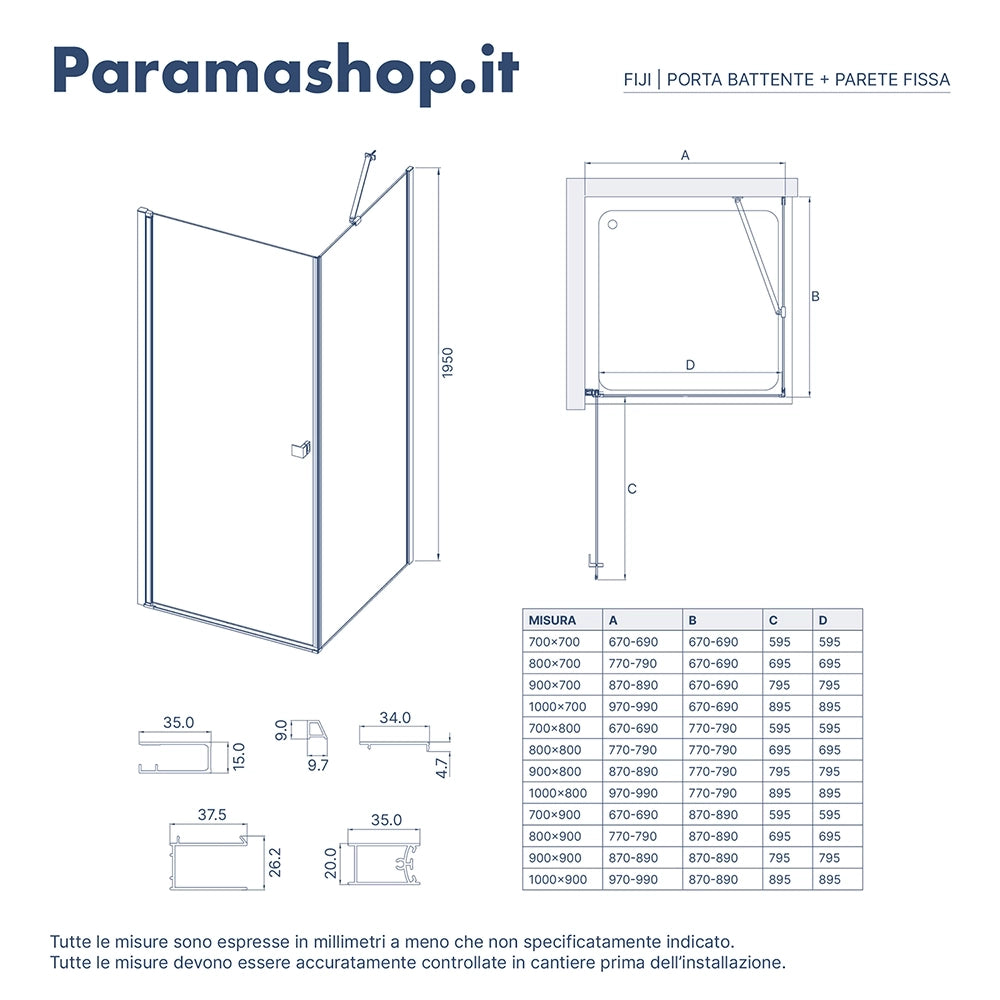 Box doccia 90x90 cm con apertura a battente e parete fissa, profili cromati e vetro da 8mm trasparente h195 | Fiji