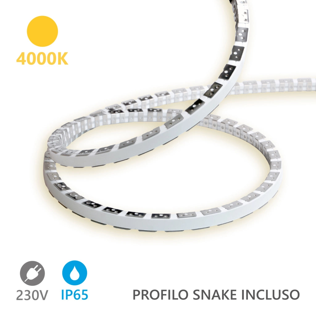 Alcapower Striscia LED Snake Flex 20m 230V 12W/m 4000K IP65 Luce Naturale Professionale in Silicone per Installazioni da Esterno ed Interno