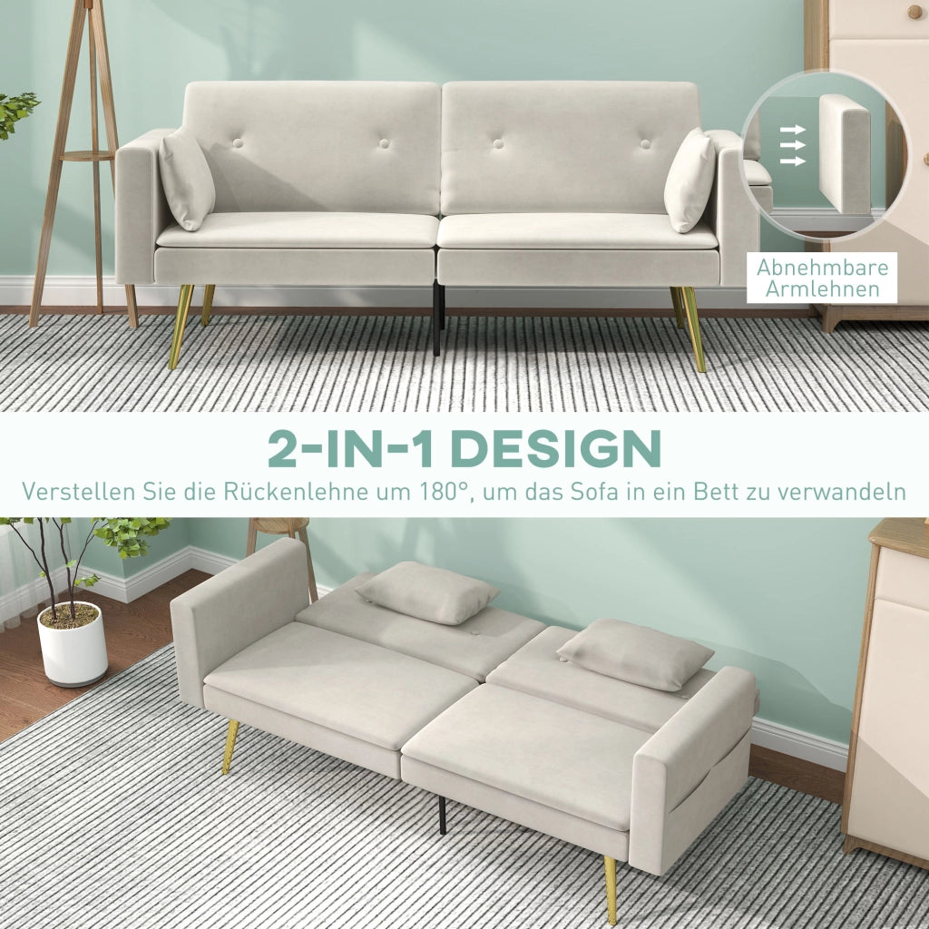 Divano letto convertibile 2 posti beige con schienale regolabile, tasche laterali e cuscini