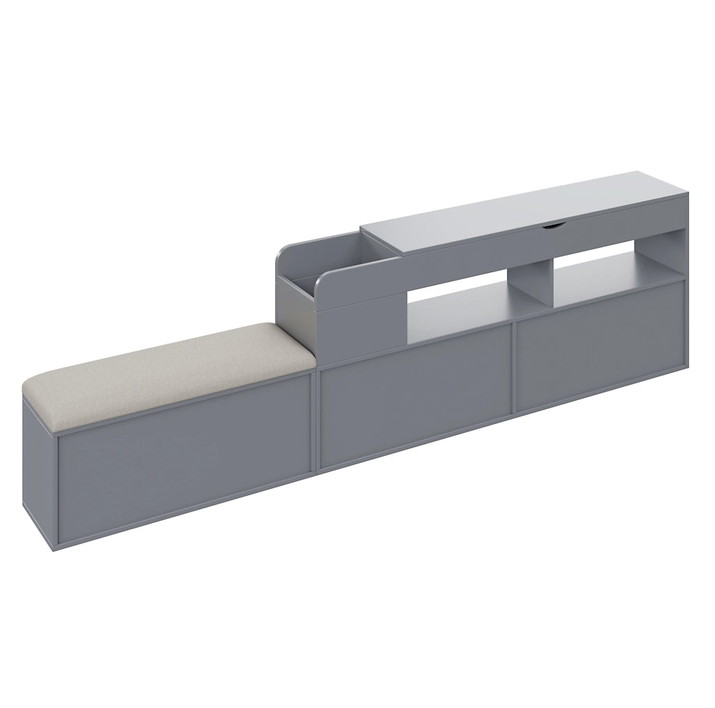 Letto matrimoniale multifunzione 140x200 cm in legno massiccio; con testiera imbottita e contenitore; grigio