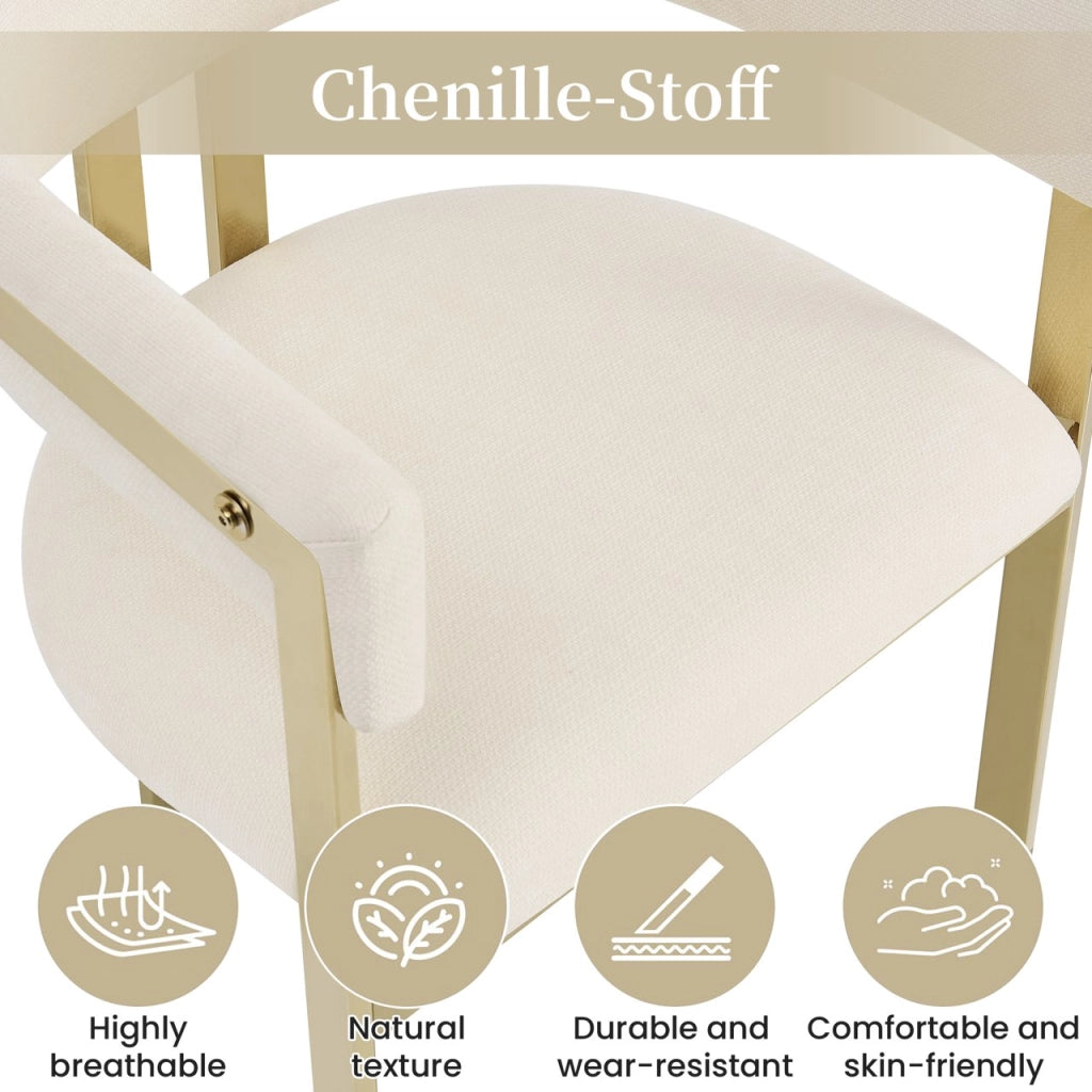 Sedia da Pranzo Set da 6 con Schienale Semicircolare e Struttura in Metallo, in Ciniglia Beige e Oro