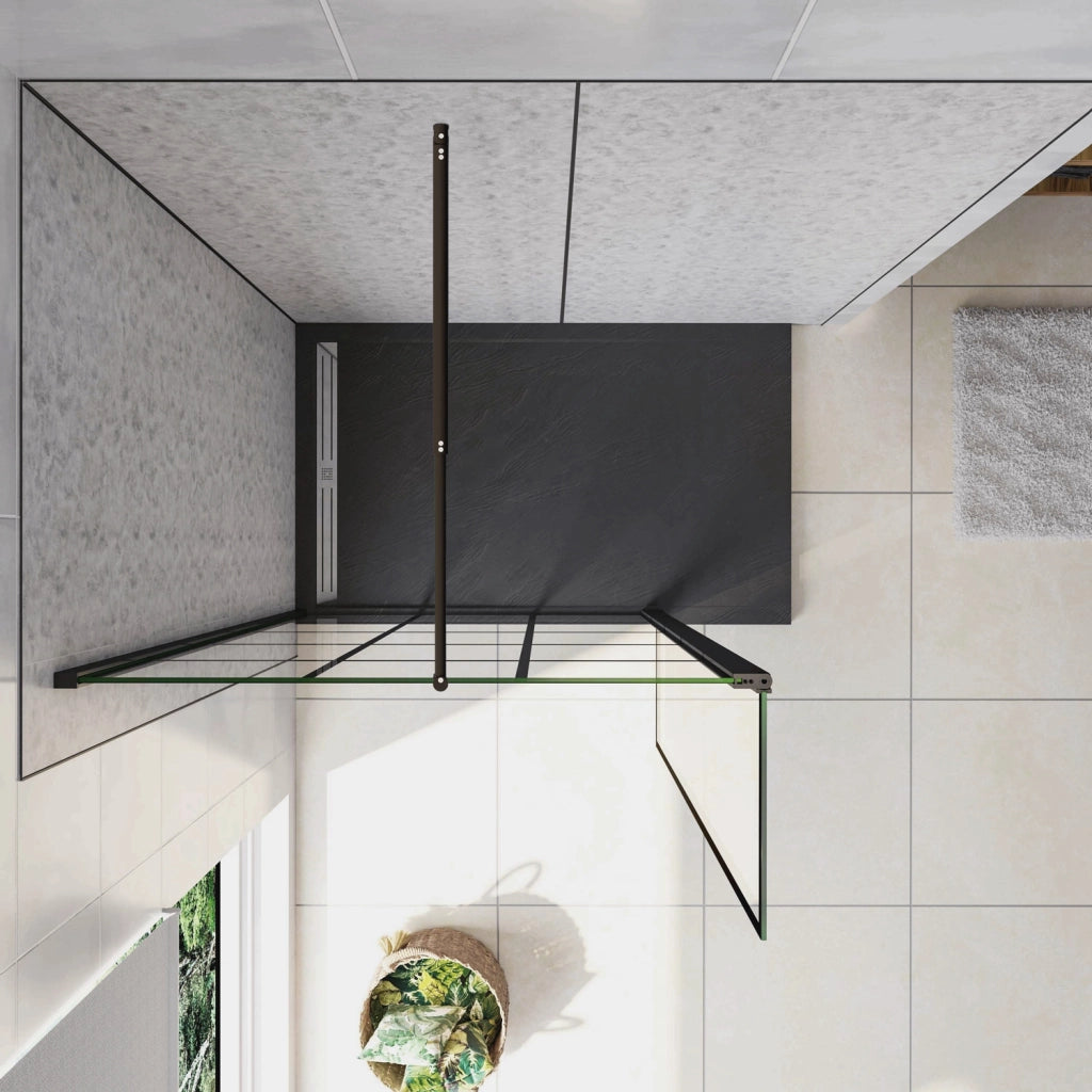Box Doccia Parete Fissa 80x200cm con Paraspruzzo 40cm Vetro 8 mm Temperato Anticalcare Serigrafia Riquadri Neri Barra Stabilizzatrice Regolabile 70-120 cm