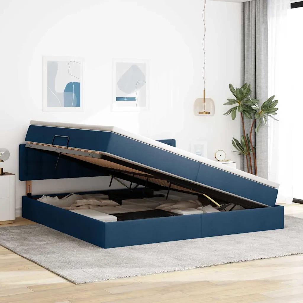 Letto con contenitore e materasso con testiera Blu 200 x 200 cm 3370661