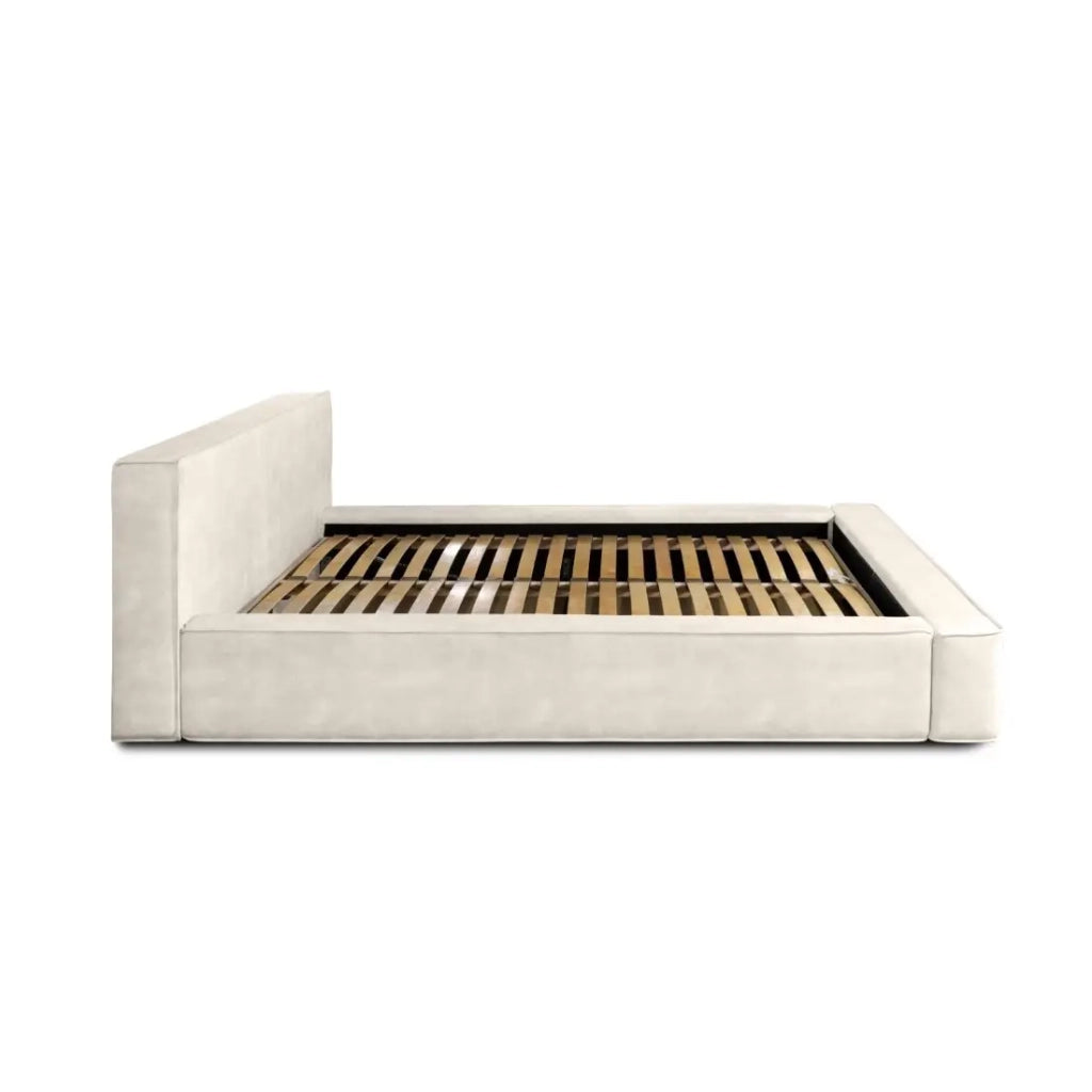 Letto contenitore VELORA – Perla – 140x200 cm – Tessuto velluto morbido – Rete sollevabile – Spazio di stoccaggio integrato