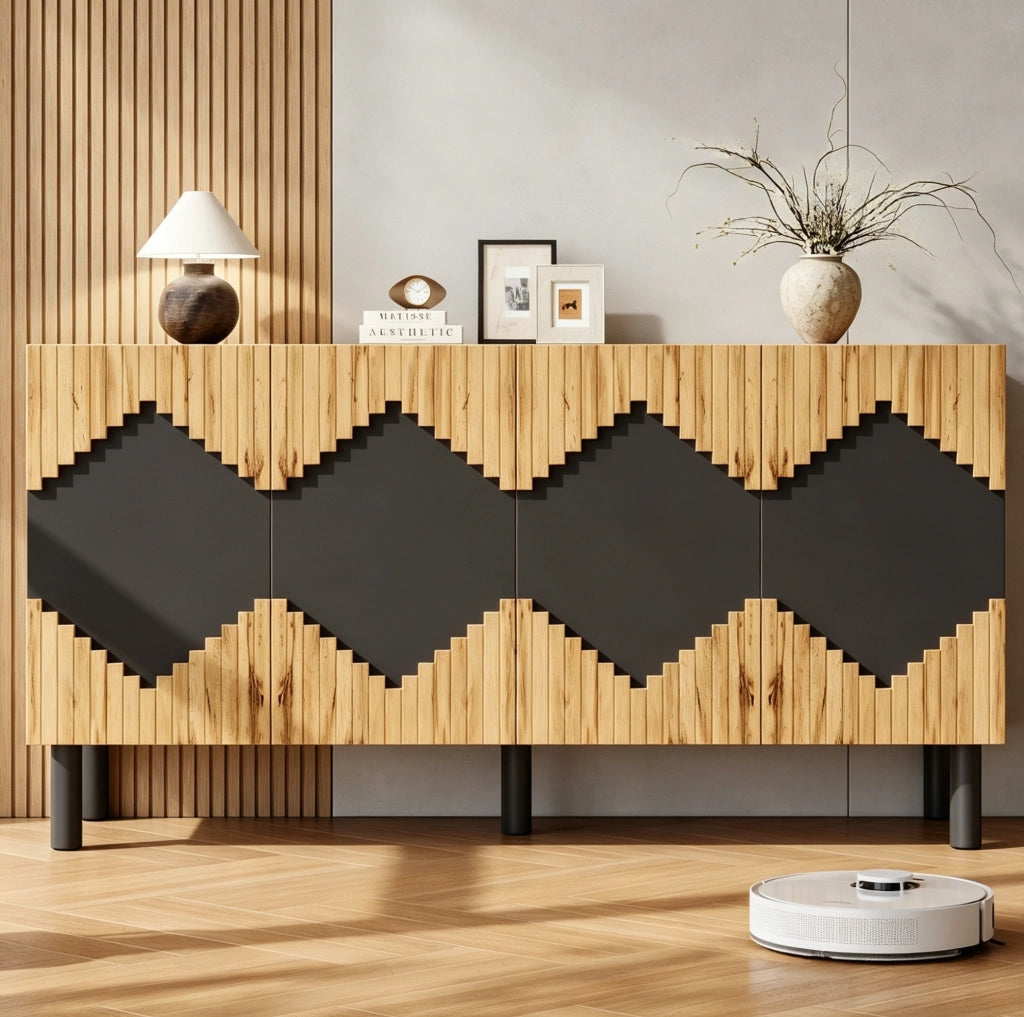 Mobile contenitore con 4 ante push-open 140x40x70 cm in MDF e truciolare; naturale e nero