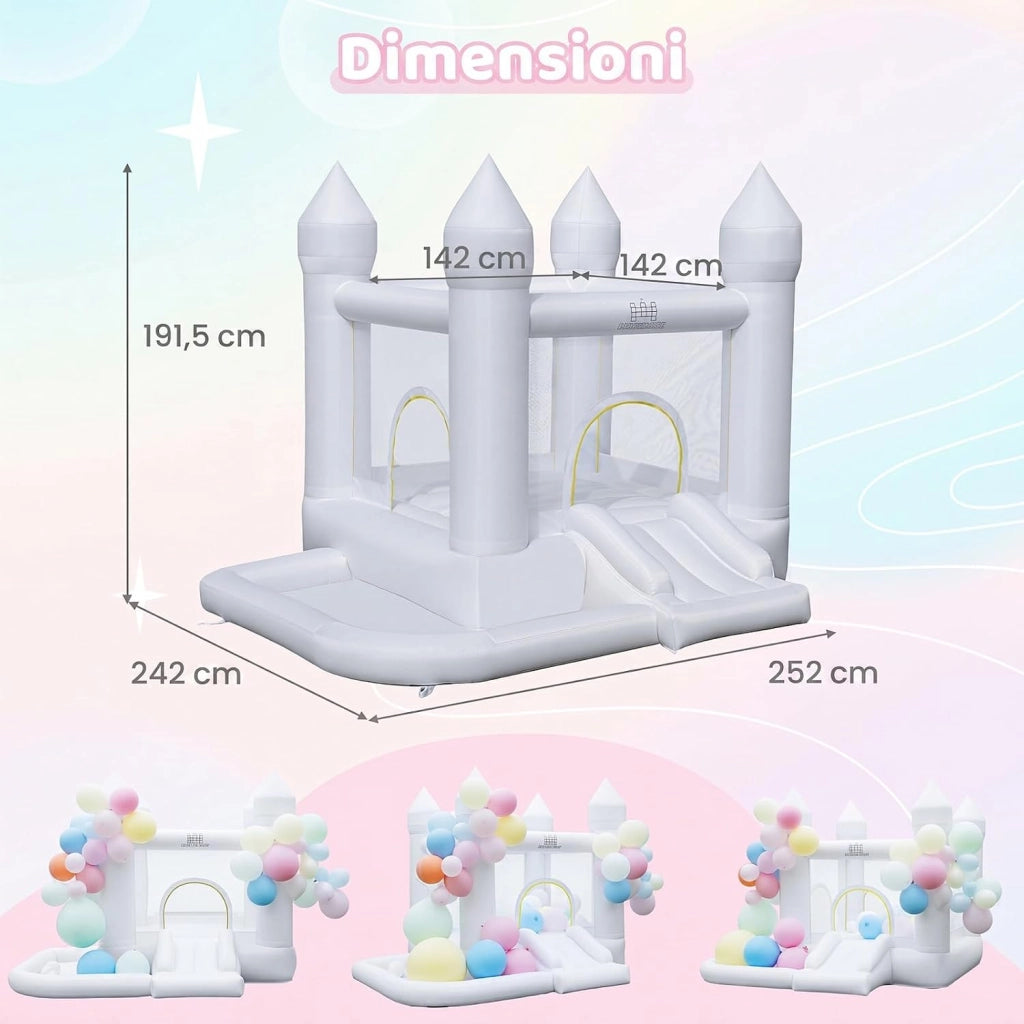 Castello Gonfiabile con Soffiatore, Trampolino, Scivolo, Piscina | Casa Gonfiabile per Interno ed Esterno con Canestro, 100 Palloncini e Borsa, per Bambini 3-12 Anni, 252 x 242 x 191,5 cm