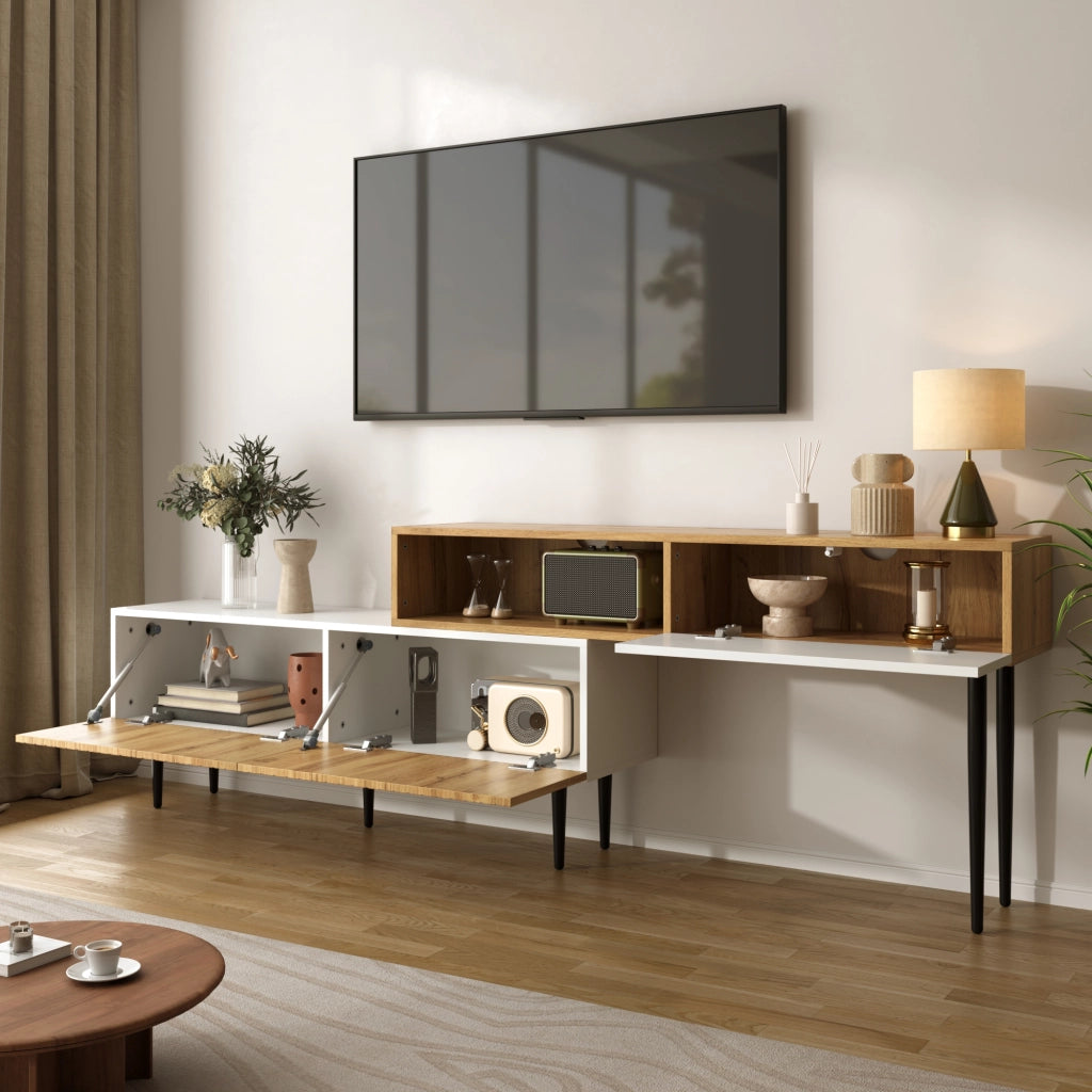 MOBILE TV modulare 240x30x63,5 cm Bianco e legno Set da 2 pezzi