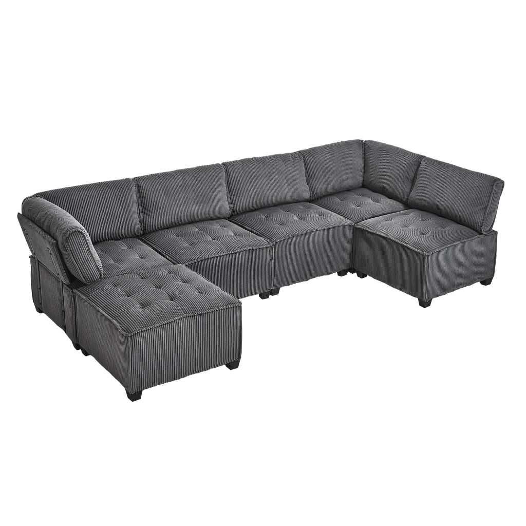 OKWISH Divano Modulare 6 Posti, Configurabile a U o L e Funzione Letto, Tasche Laterali, Velluto a Coste, Grigio