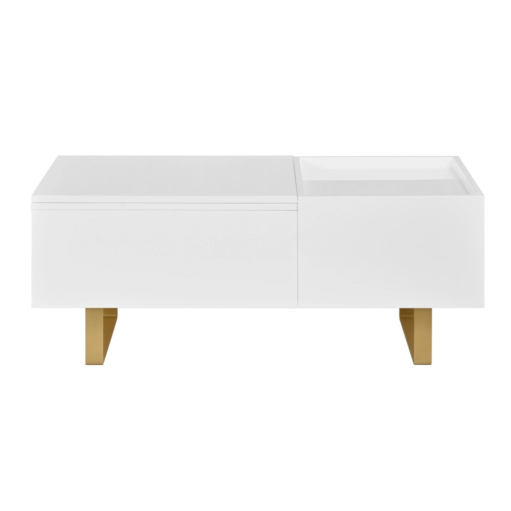 Tavolino basso sollevabile con cassetto e vano contenitore in MDF lucido per soggiorno bianco 100 × 50 × 54,5 cm