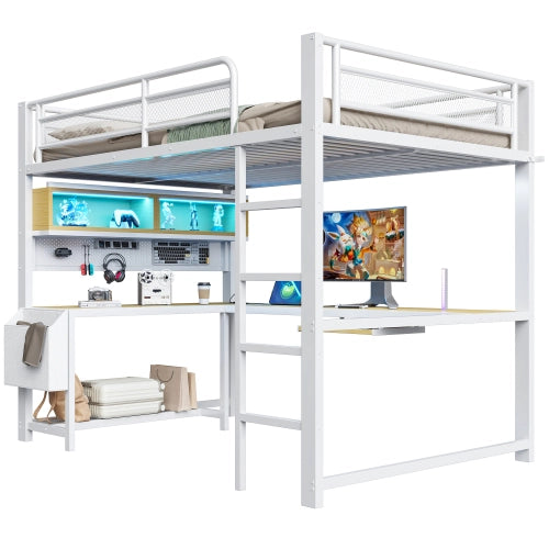Letto a soppalco con scrivania 140x200 cm LEMONMAX, LED 7 colori, 2 prese e 2 USB, mensole, struttura in metallo, bianco