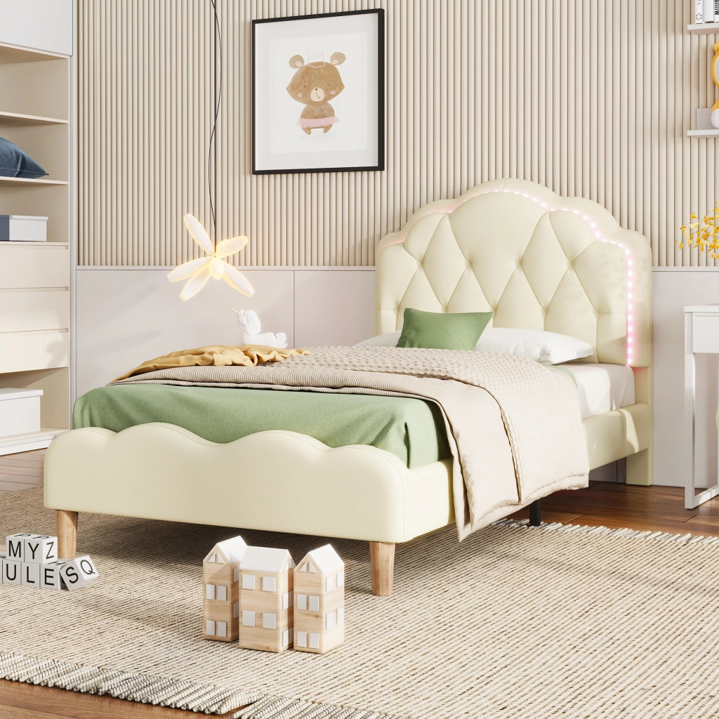 LETTO Polsterato 90x200 cm PU Beige con testiera ondulata e LED