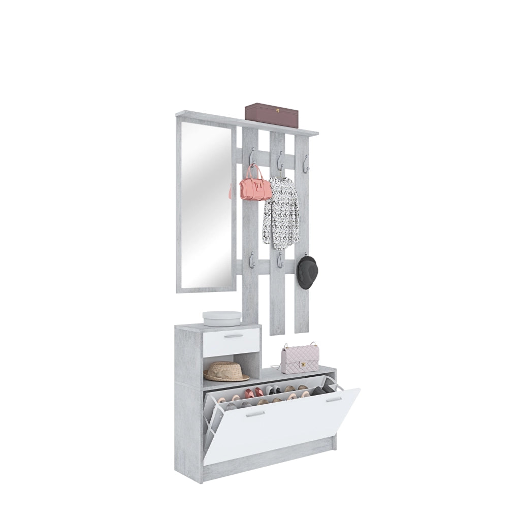 Mobile Belem Mobiletto da Ingresso con Scarpiera Appendiabiti e Specchio Arredo Arredamento Corridoio Entratina 97 x 35 x 25 cm (Bianco e Grigio Cemento)