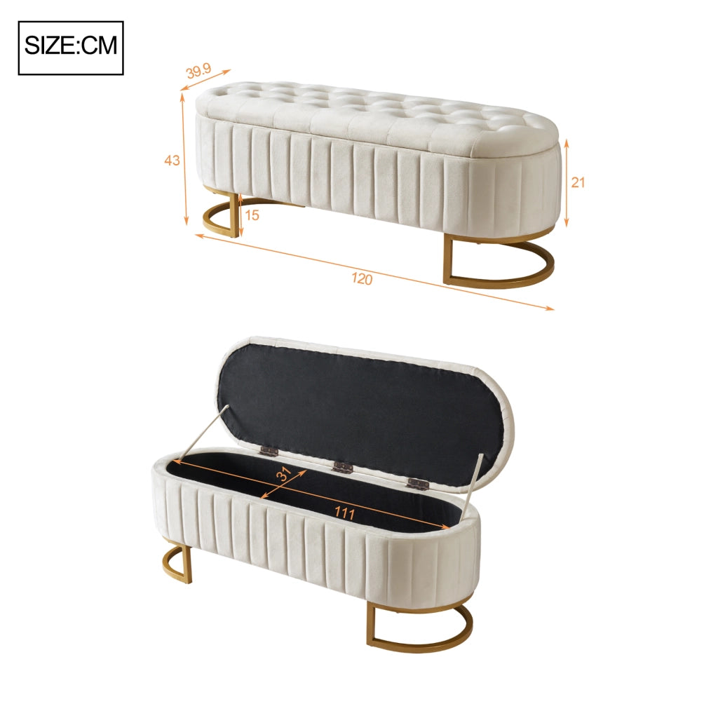 Sgabello riporto 120x40 cm rivestito in velluto beige panca con spazio riporto per divano e camera da letto