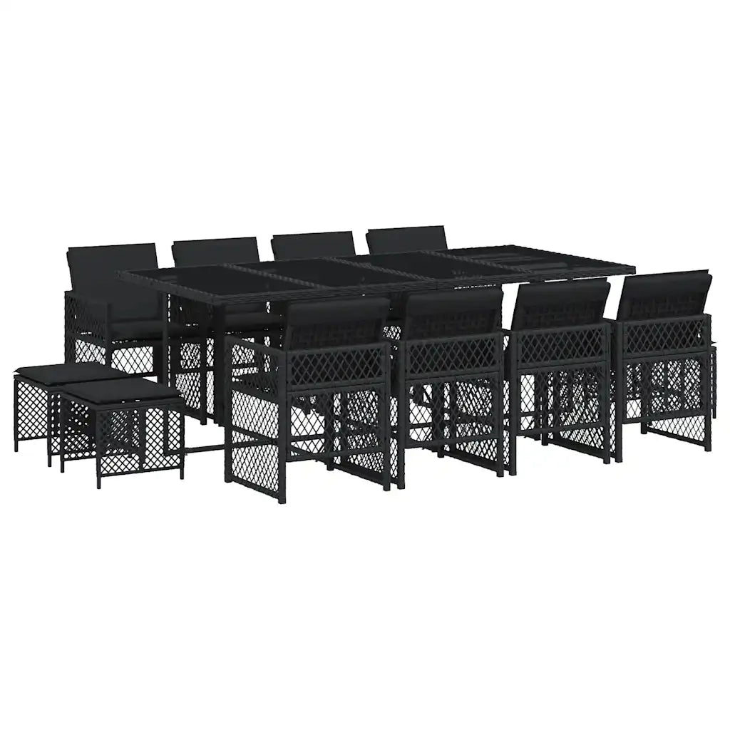 Set da Pranzo da Giardino 13pz con Cuscini Nero in Polyrattan 3210799