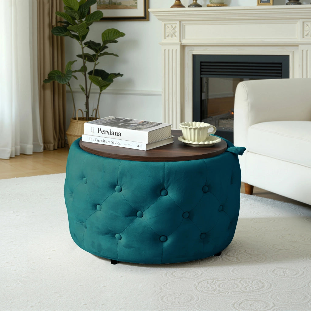 POUF Contenitore Rotondo in Velluto Blu Set da 2 pezzi 58 cm
