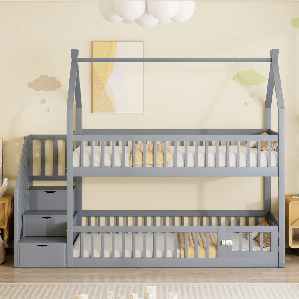 Letto a castello 90x200 cm con tetto; scala con cassetti e porticina in legno grigio