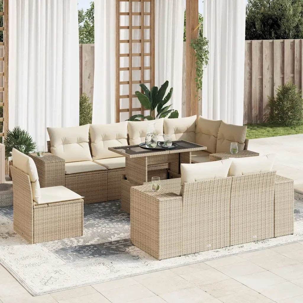 Set Divano da Giardino 9 pz con Cuscini Beige in Polyrattan 3326819