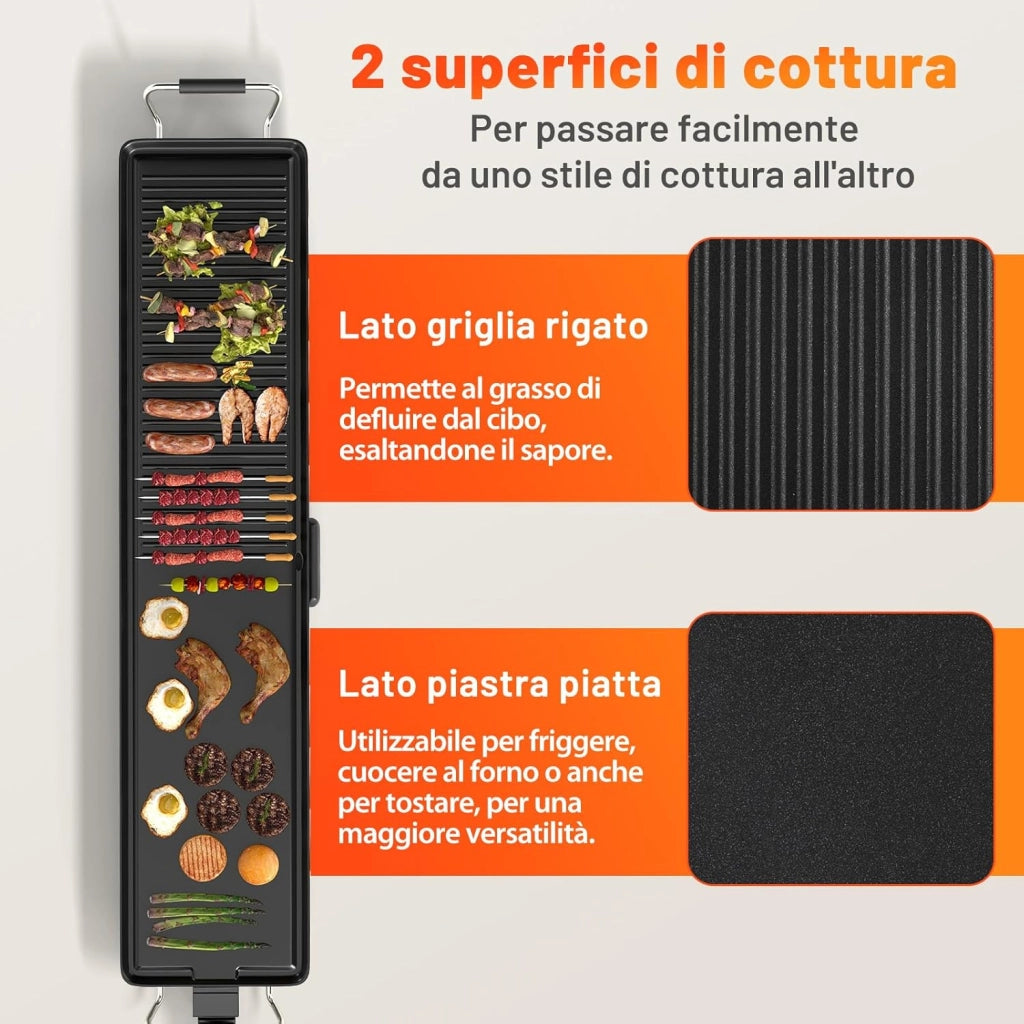 1800W Griglia Elettrica, Griglia Antiaderente da Banco con Temperatura Regolabile, Termostati e Vassoio di Sgocciolamento, per Interni e per Esterni (100 x 22 cm)