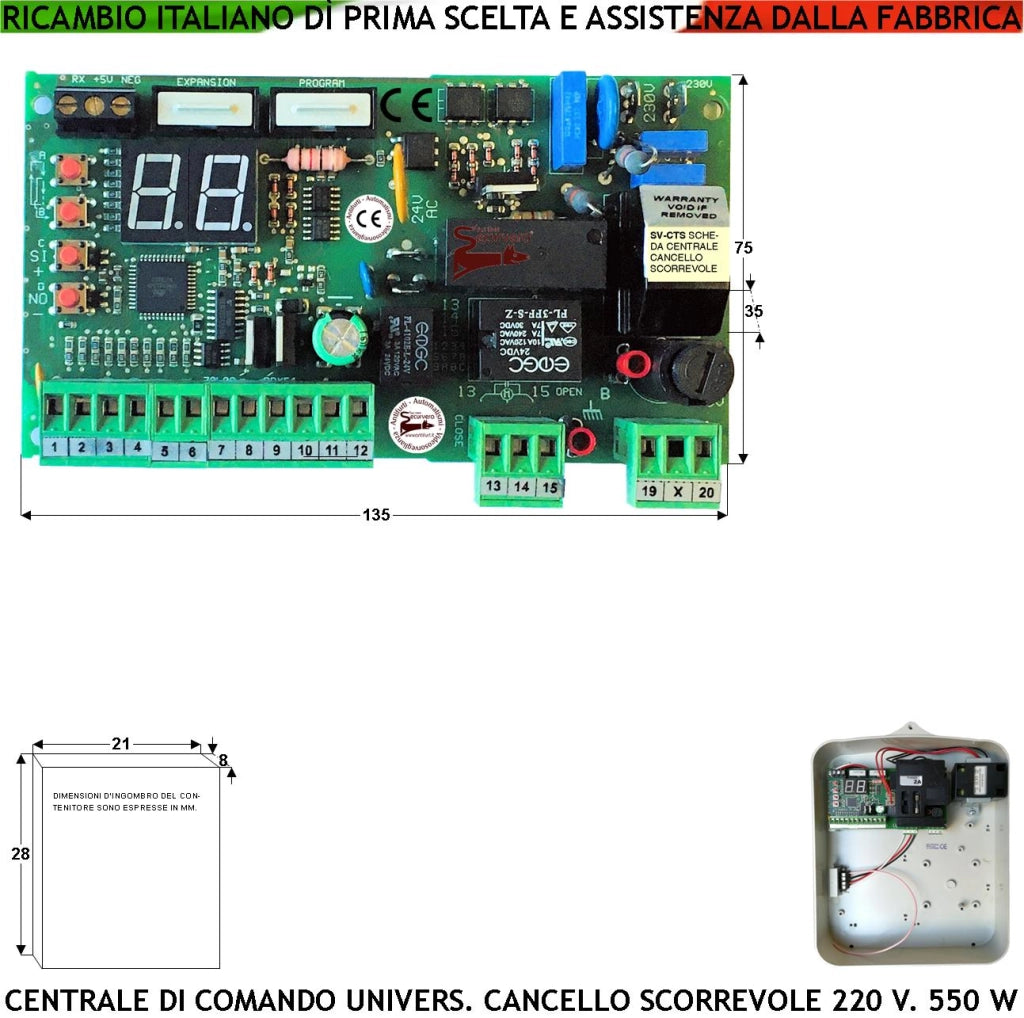 Quadro di Comando Per Cancello Scorrevole Con Motore 230 V 750 W Funzioni Programmabili Display Forza Lavoro Rallentamenti Rileva Ostacolo Apertura Condominiale Pedonale Radio 99 Codici Stealth IP55