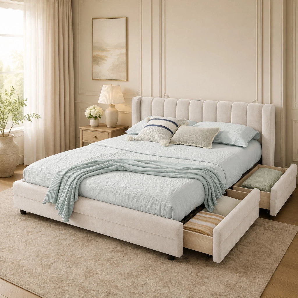 Letto matrimoniale 140x200 cm con 4 cassetti; porta USB; in chenille beige