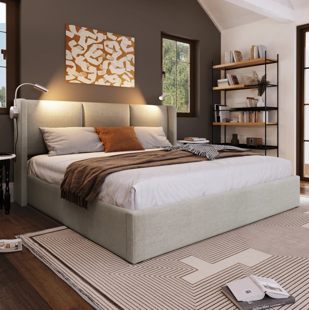 Letto imbottito 160x200 con contenitore, luce da lettura e ricarica USB