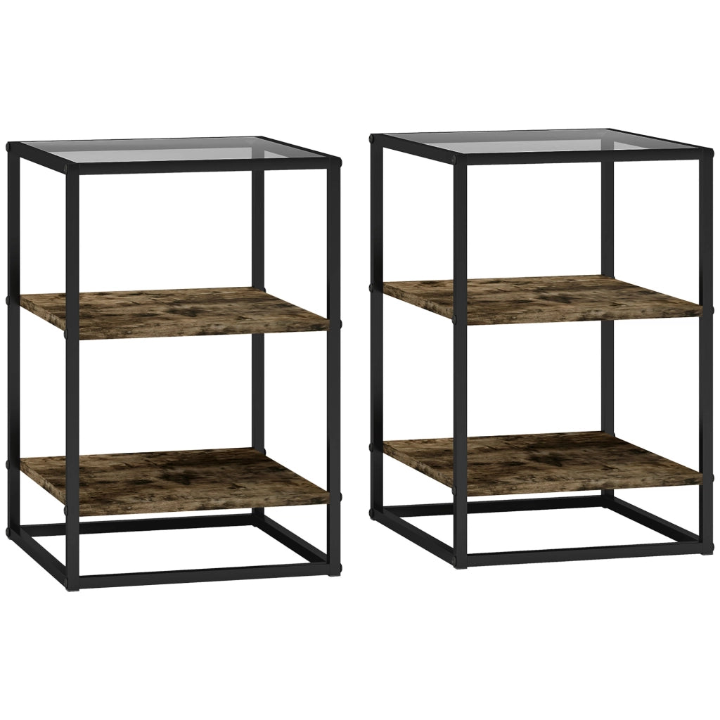 Set 2 Tavolini da Soggiorno a 3 Livelli in Legno e Metallo con Piano in Vetro Temperato, 37x40x55.5 cm, Marrone