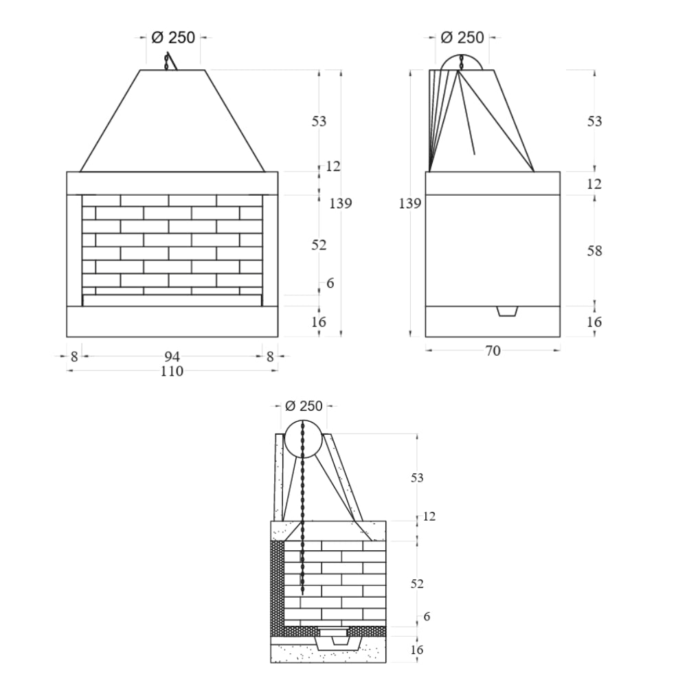Camino legna prefabbricato refrattario focolare aperto qr110 riscaldamento