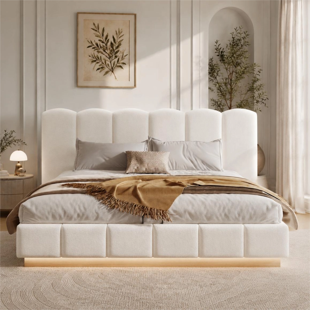 Letto capitonné con illuminazione LED e vano idraulico LEMONMAX; 180x200 cm; testiera imbottita; sommier a doghe; bianco