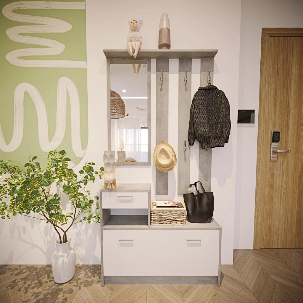 Mobile Belem Mobiletto da Ingresso con Scarpiera Appendiabiti e Specchio Arredo Arredamento Corridoio Entratina 97 x 35 x 25 cm (Bianco e Grigio Cemento)