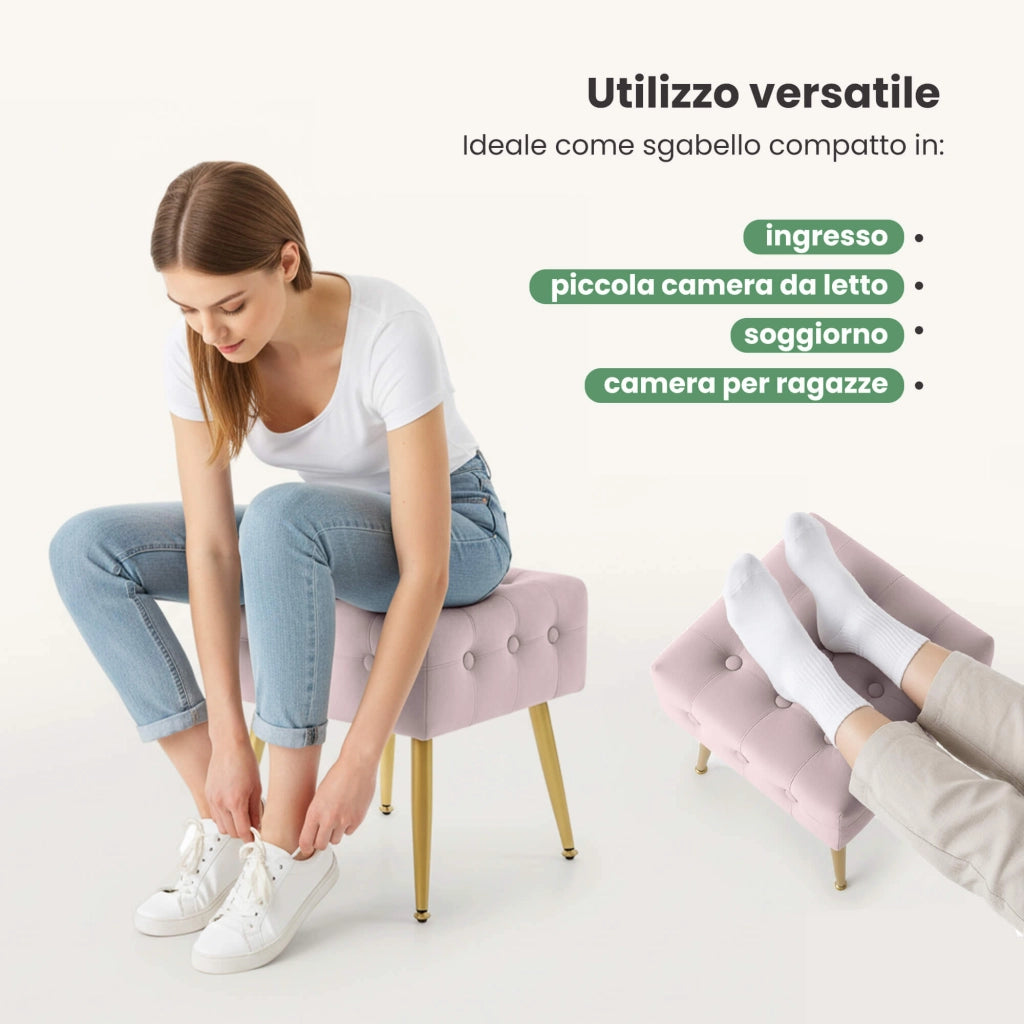 Pouf sgabello in velluto trapuntato 40 cm QUADRA Rosa Cipria