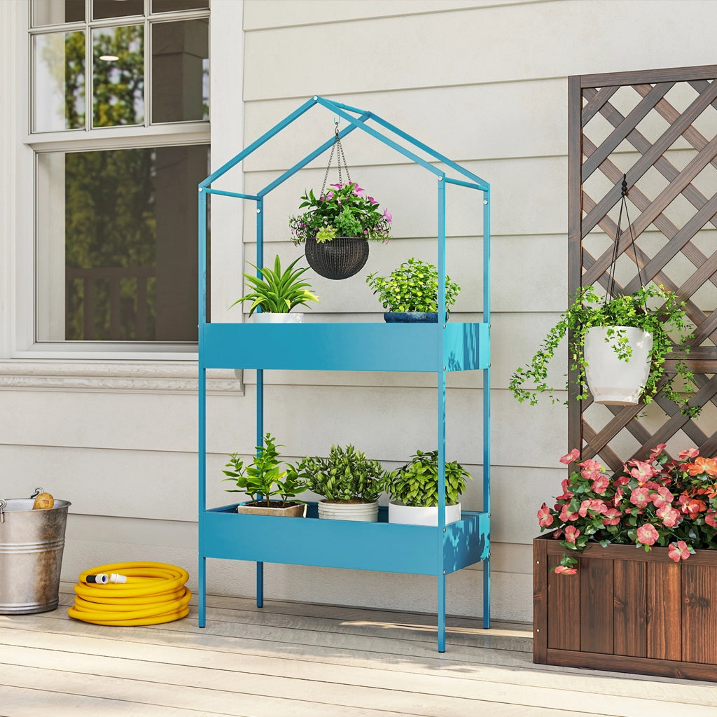Scaffale Piante 2 Livelli ¨C Xylo ¨C Metallo Forma Casa Blu-Verde