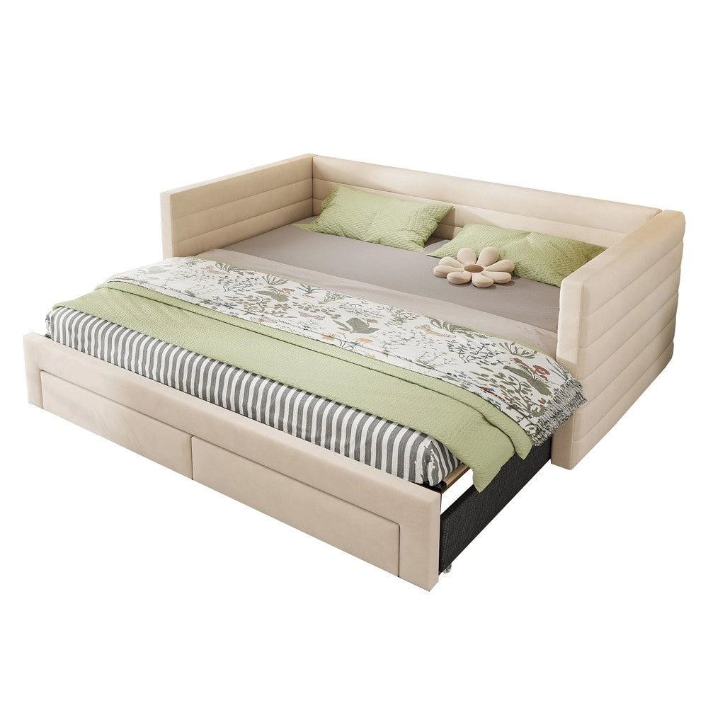 Letto Imbottito Estraibile 3 in 1 con Cassetti e Rete a Doghe ¨C MINIMAL ¨C Singolo/Matrimoniale 90x190, Beige