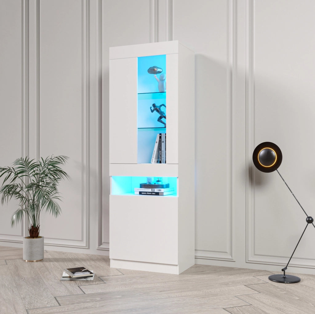 Vetrina moderna 50 x 40 x 180 cm bianca con LED USB; ante in finitura lucida e ripiani in vetro