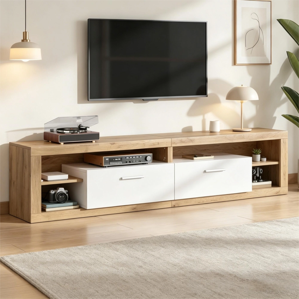 Mobile TV con 2 cassetti e 4 vani; LED controllata da app - per soggiorno - 180×35.5×50 cm - in truciolare - naturale