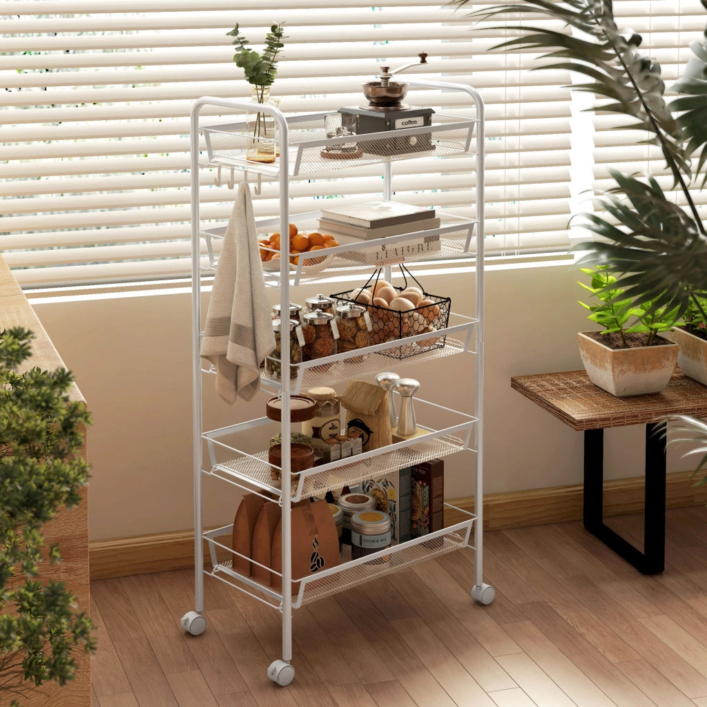 Carrello multiuso a 5 ripiani ¨C Xylo ¨C con cestelli rimovibili e 4 ganci, bianco, 45x26.5x106cm